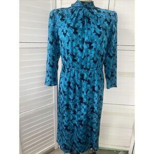 Vintage 80s Pellini by Von Bramlett Polyester Floral Teal Black Dress Sz Medium